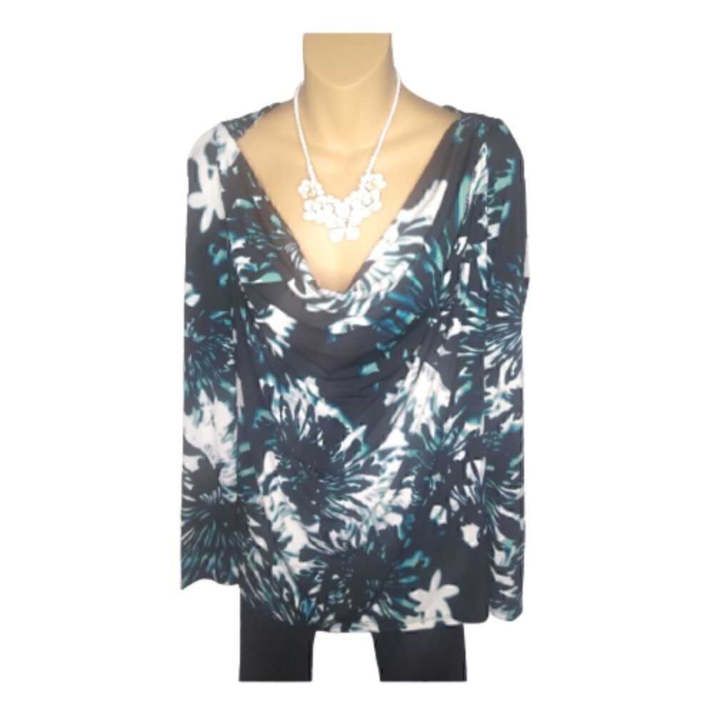 WORTHINGTON Stretch Drape Neck Sexy Blue/Green/Black/White Floral Top XL
